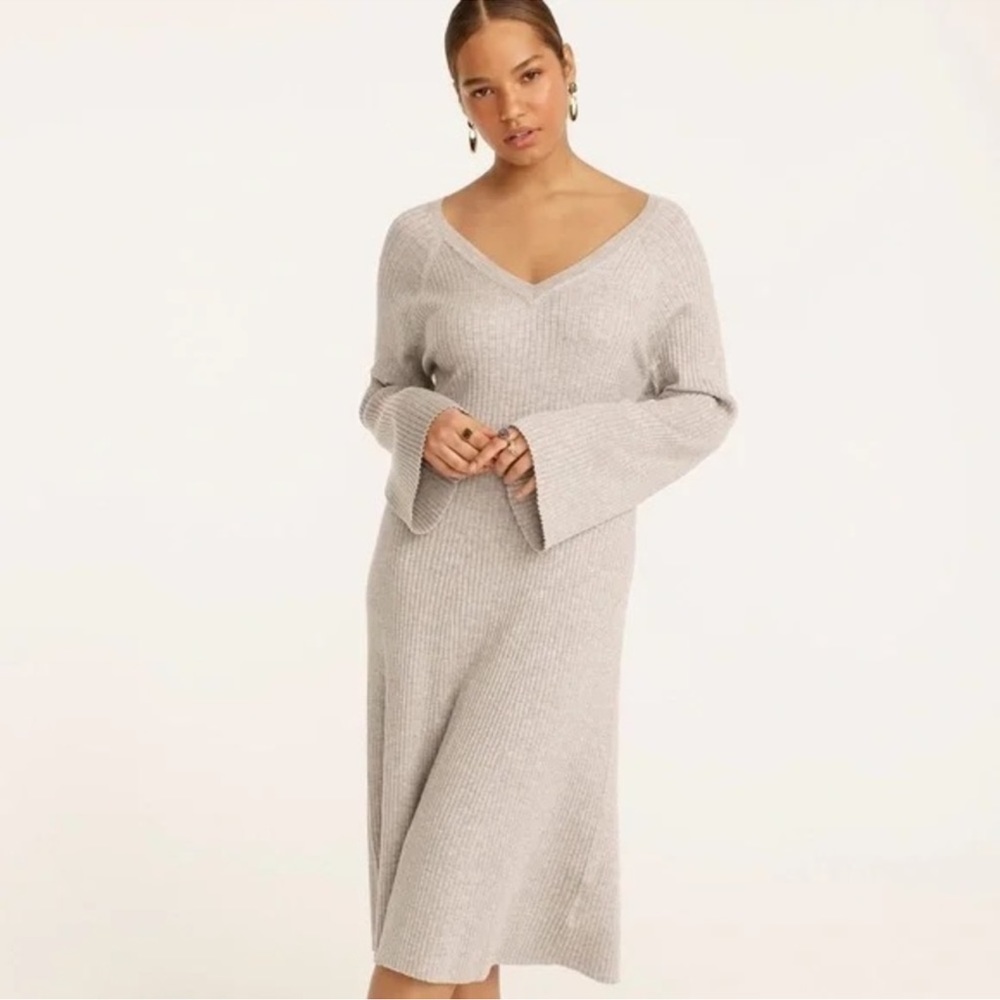 J. Crew | Like new gray v-neck ribbed knit long sleeve bell sleeve midi …